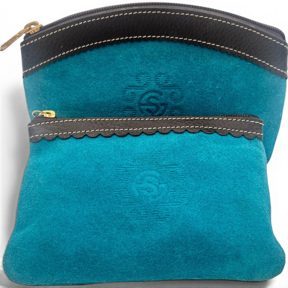 Cuerho Toledo Spainโ Handcrafted Suede Leather Cosmetic Turquoise 2 Bags Pouches
